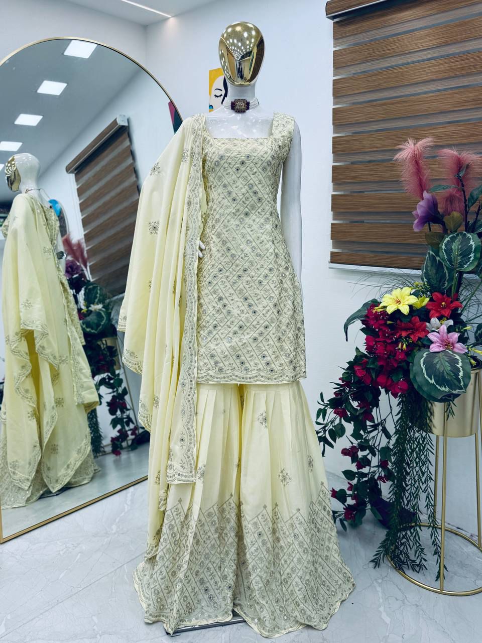 Cream Gold natural crape palazzo suit set with embroidered dupatta full mannequin display