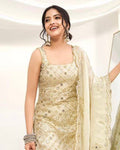 Model wearing Cream Gold embroidered palazzo suit set close-up portrait view