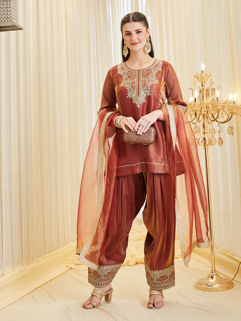 Designer party wear farshi salwar suit set full front view with dupatta