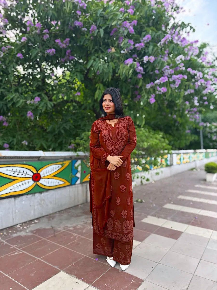 Designer Faux Georgette Embroidered Palazzo Suit Set brown color outdoor front view