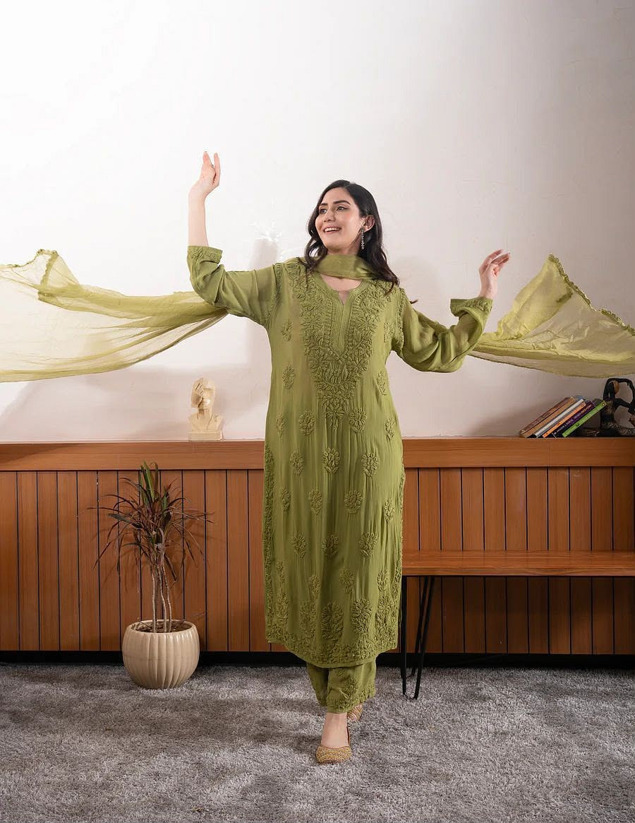 Designer Faux Georgette Embroidered Palazzo Suit Set olive green color model with dupatta