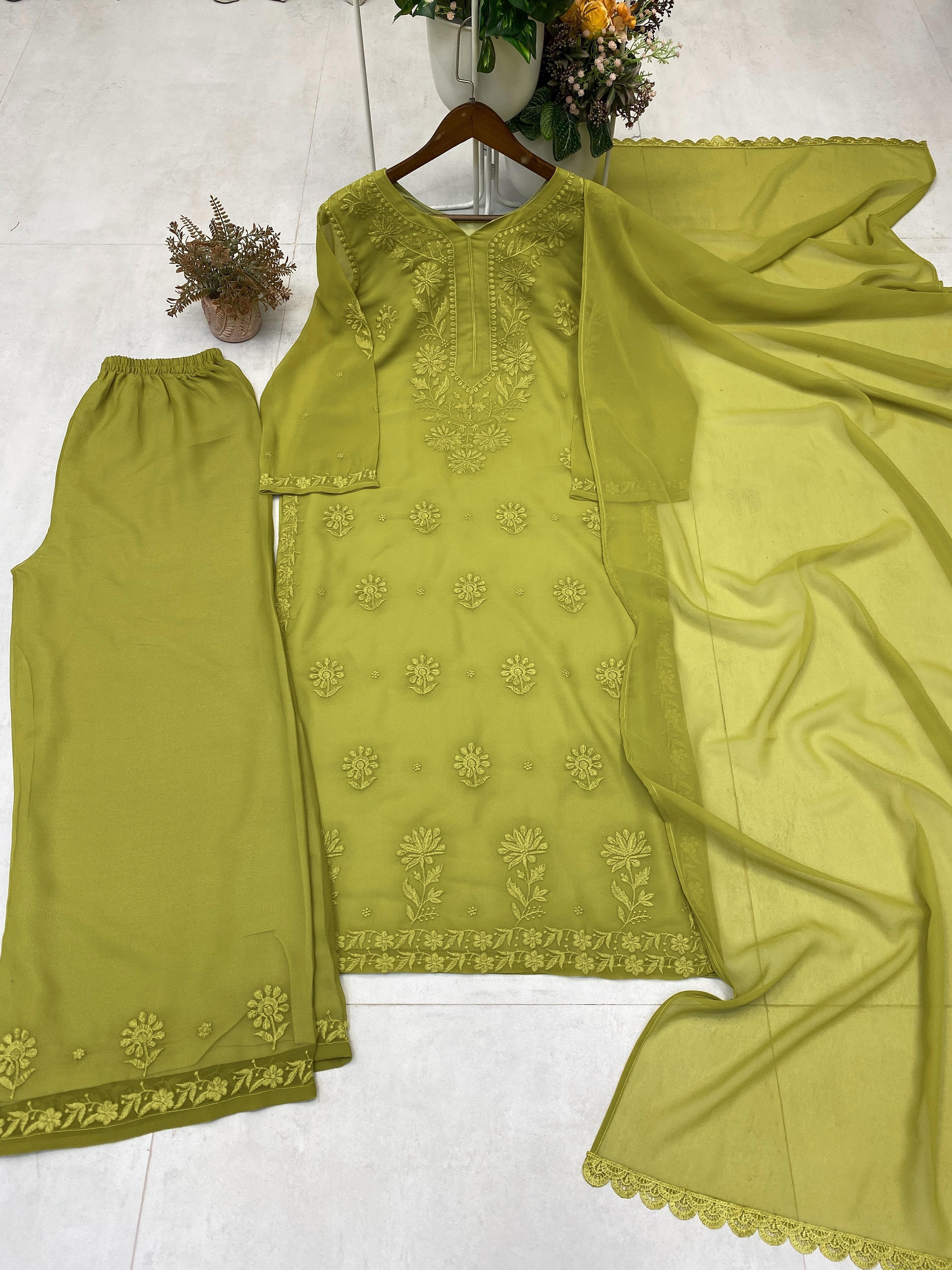 Olive green faux georgette embroidered suit set flat lay alternate view