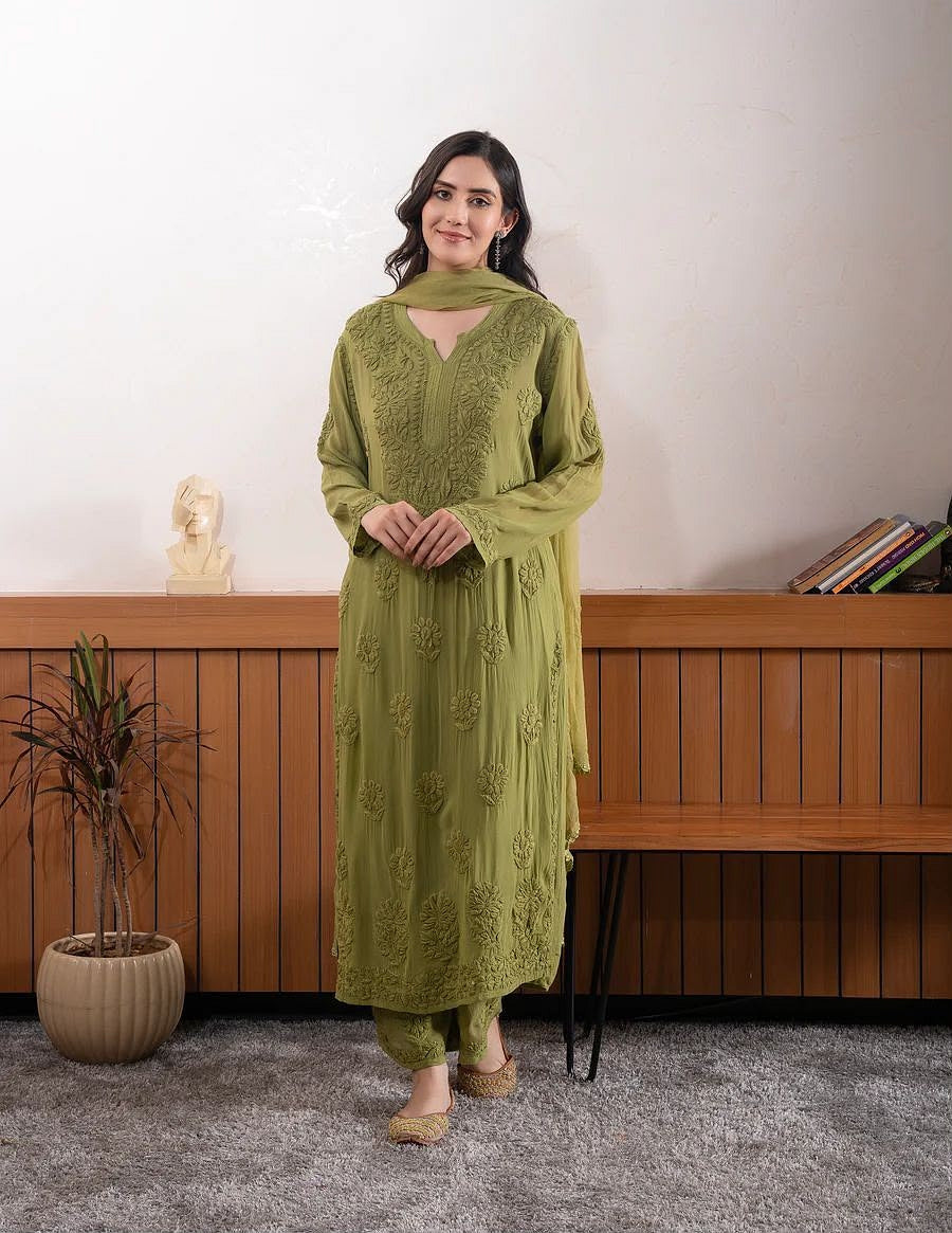 Designer Faux Georgette Embroidered Palazzo Suit Set olive green color full front view