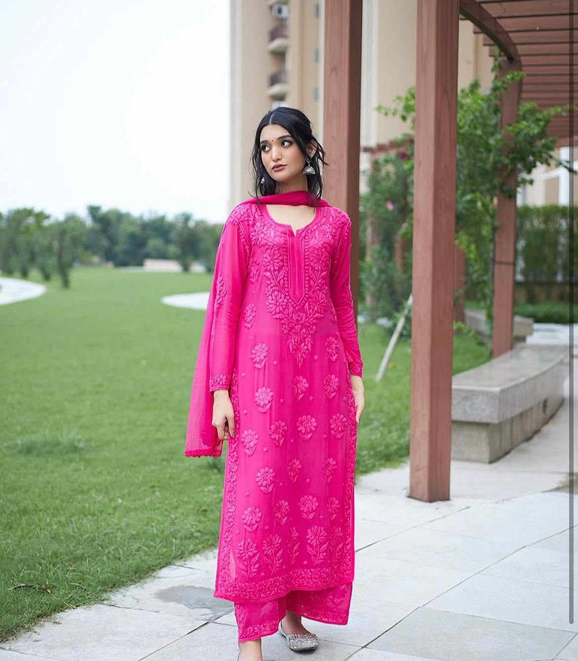 Designer Faux Georgette Embroidered Palazzo Suit Set rani pink color full front view