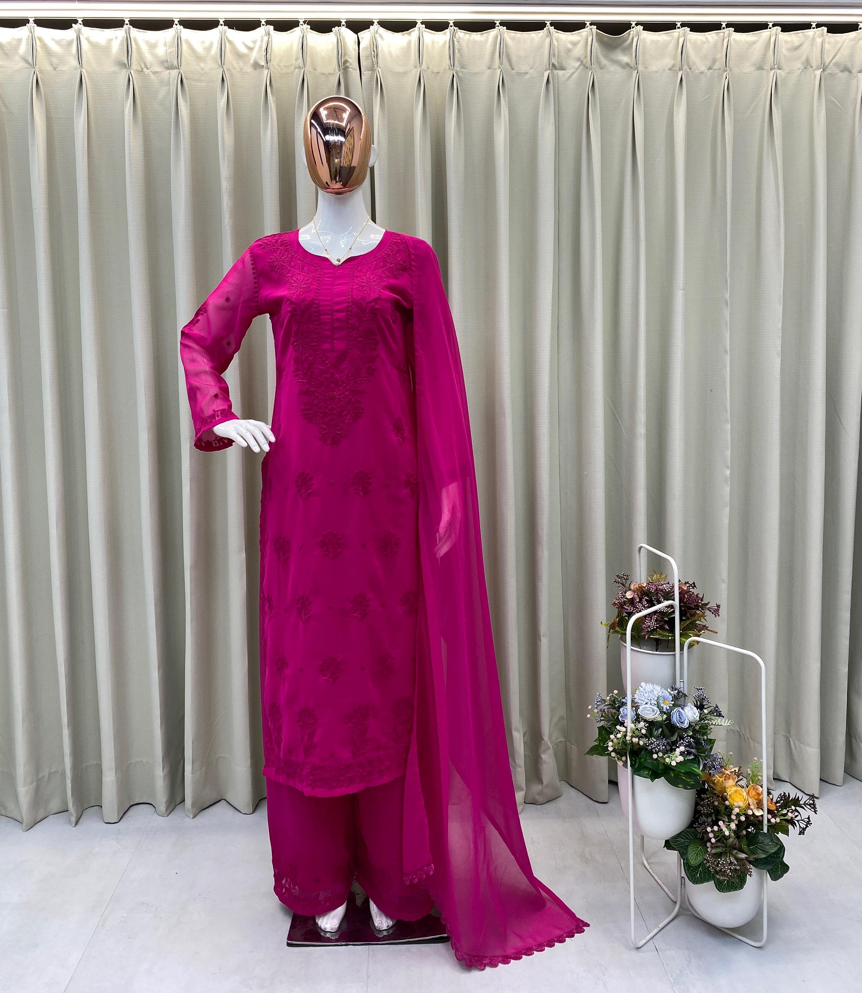 Designer Faux Georgette Embroidered Palazzo Suit Set rani pink color studio front view