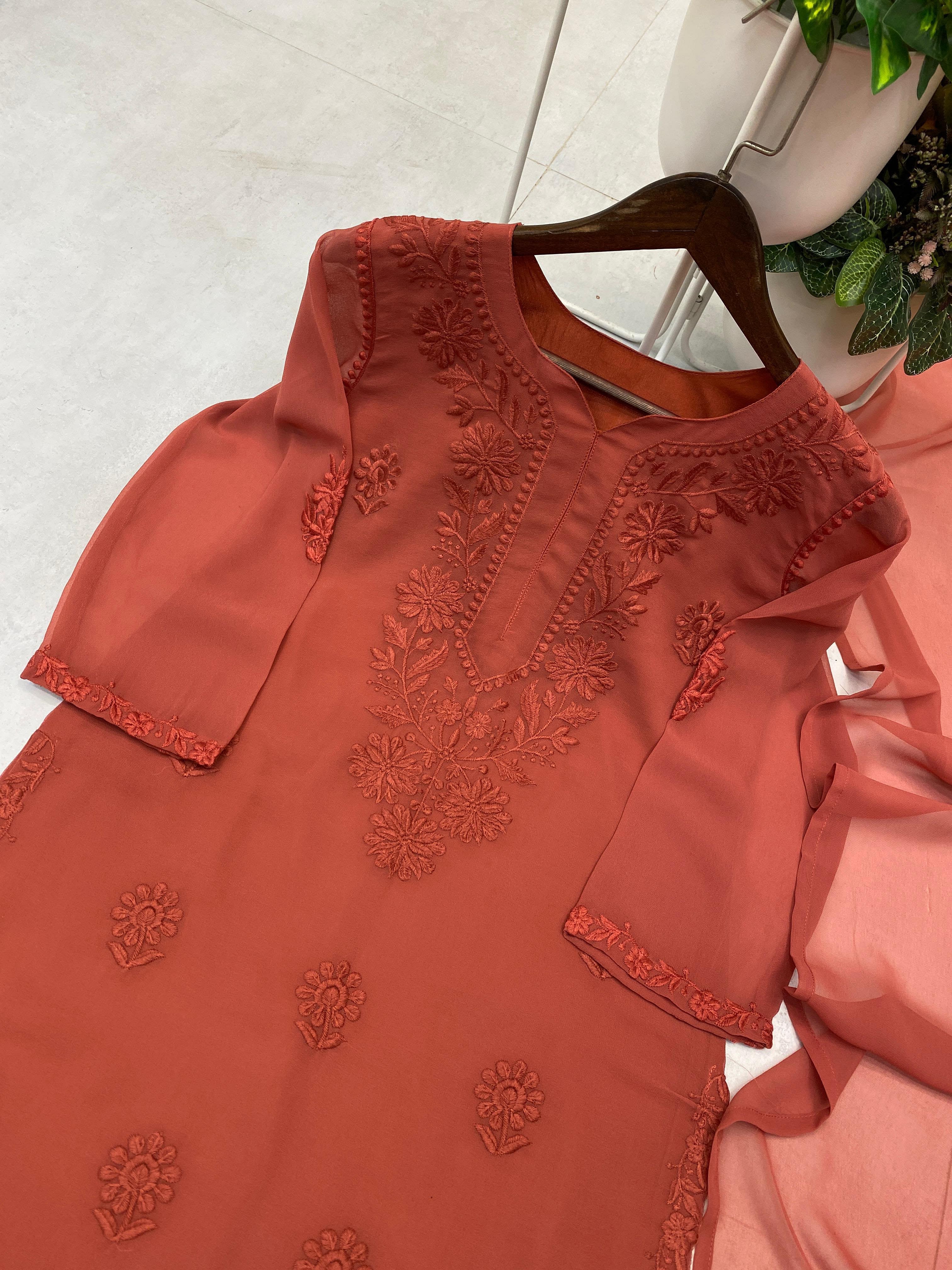 Embroidery work detail on rust brown faux georgette suit set