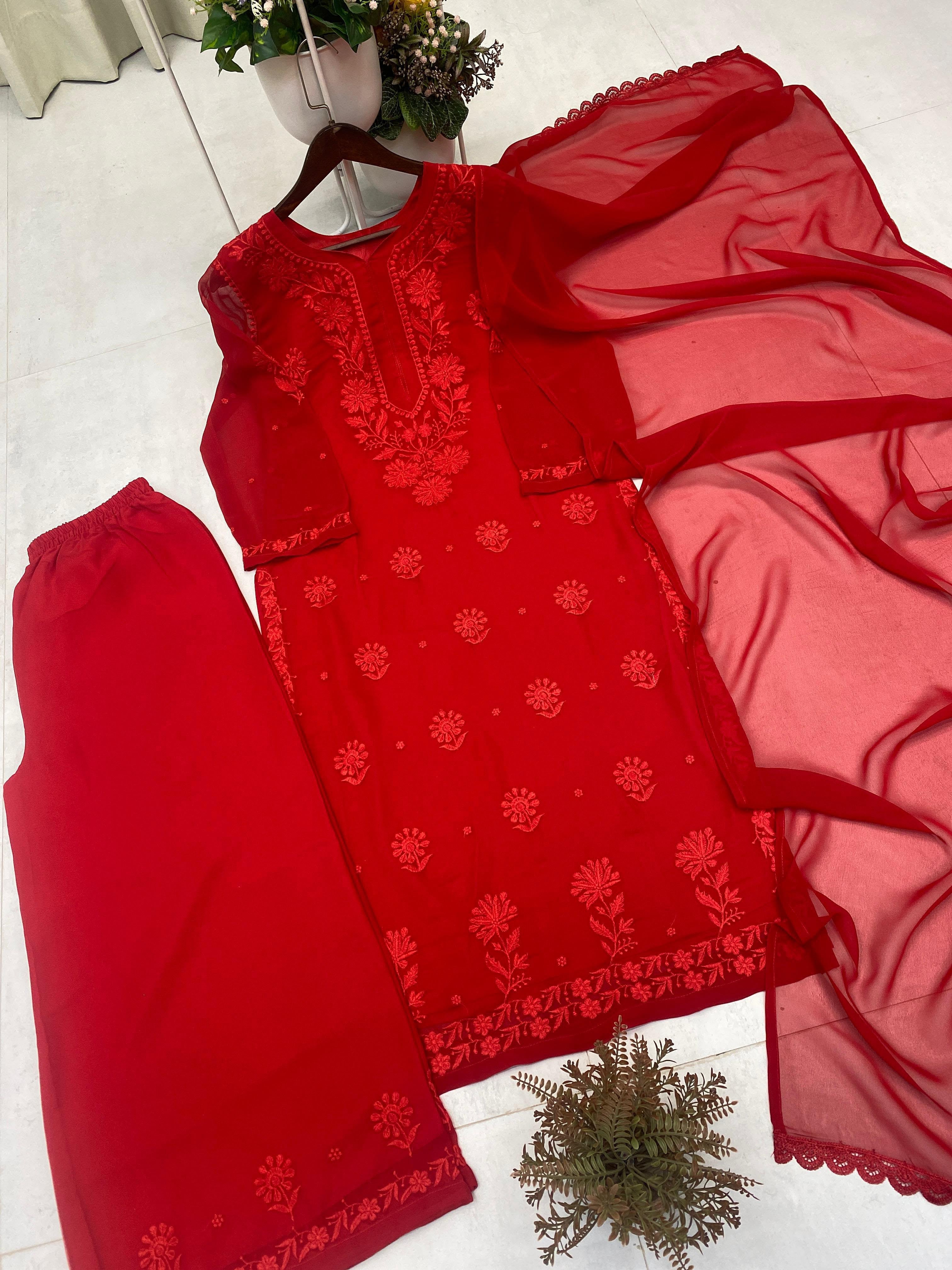 Scarlet red faux georgette embroidered palazzo suit set with dupatta flat lay