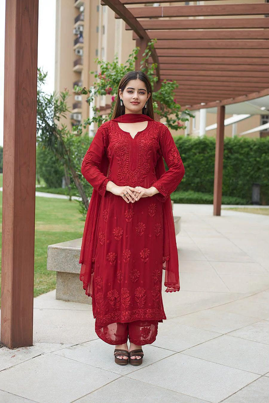 Designer Faux Georgette Embroidered Palazzo Suit Set scarlet red color front view