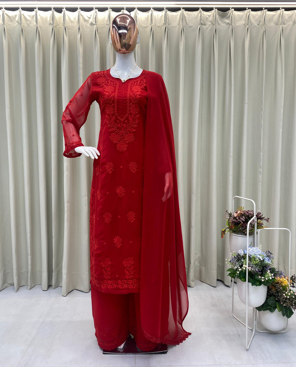 Designer Faux Georgette Embroidered Palazzo Suit Set scarlet red color studio front view