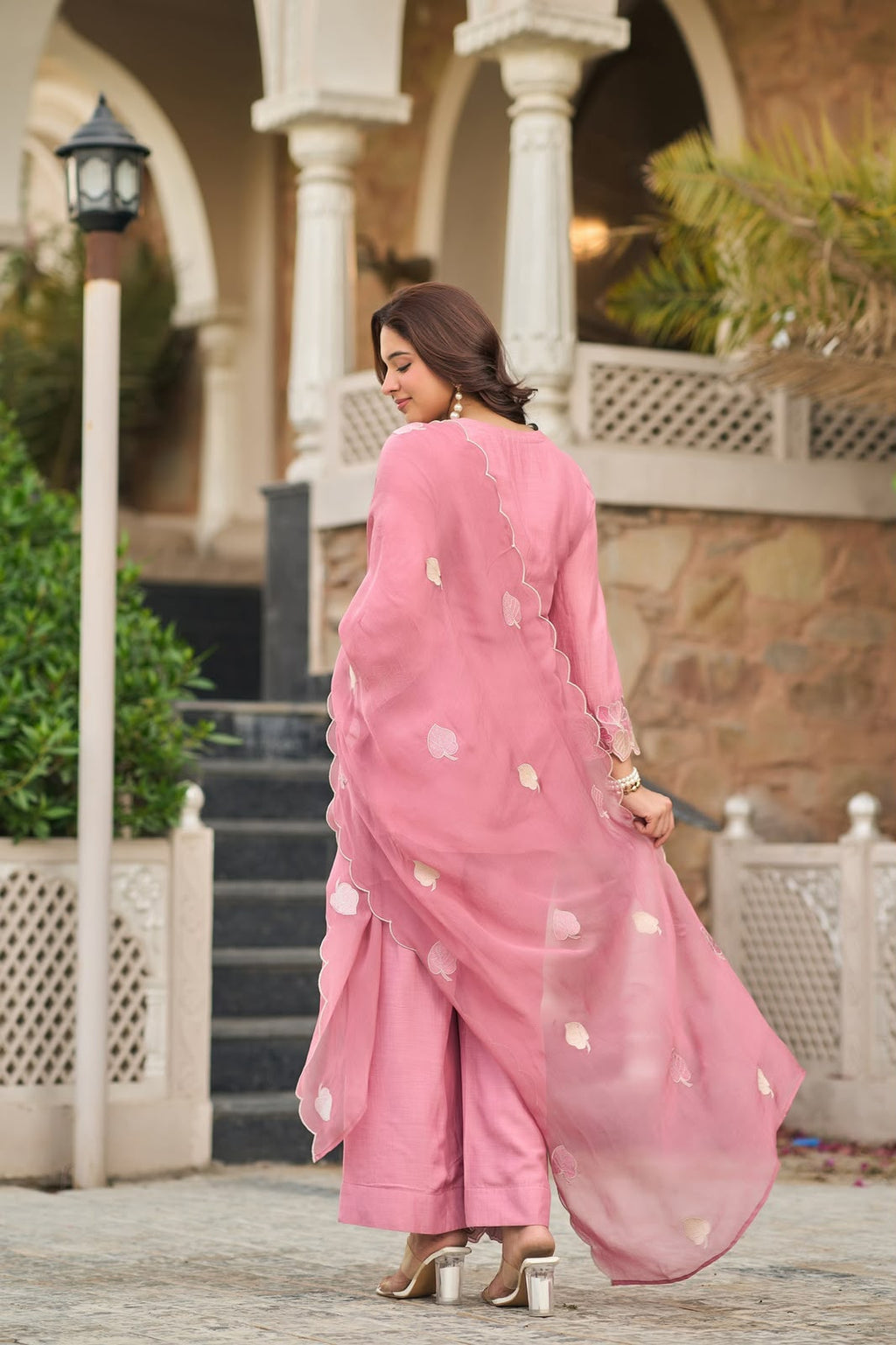 Back view of Dusty Rose Natural Satin embroidered sharara suit with embroidered georgette dupatta