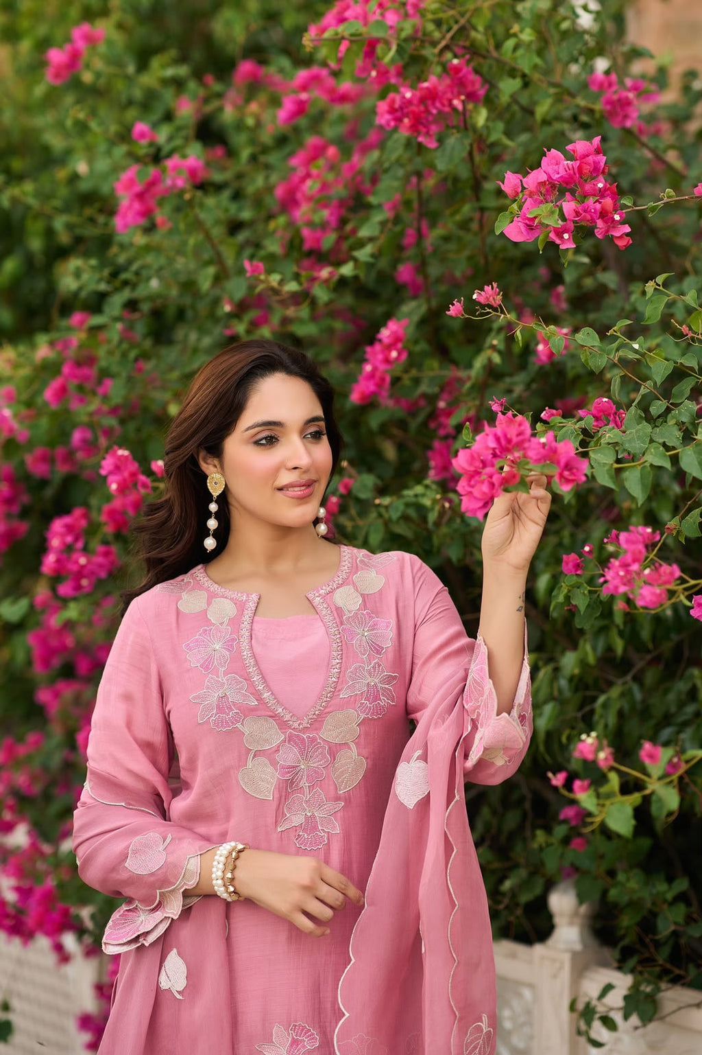 Full-length view of Dusty Rose Natural Satin embroidered sharara suit for festive wear