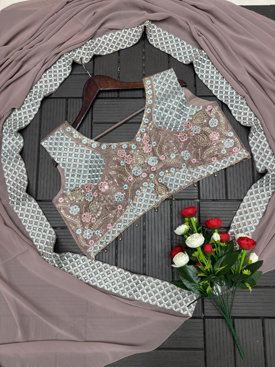 Dusty Taupe embroidered shrug, blouse and sharara complete flat lay