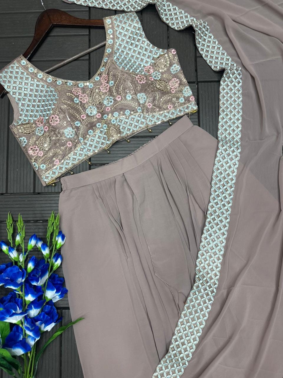 Dusty Taupe embroidered blouse and sharara set flat lay detail