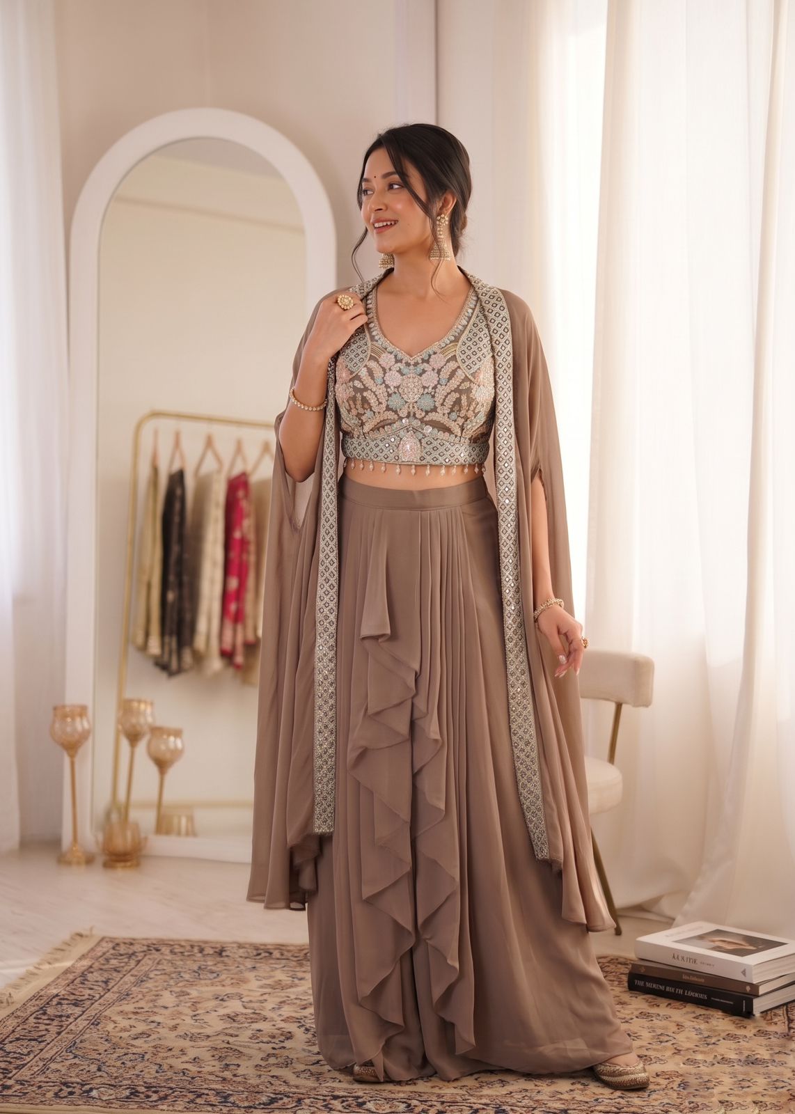 Model wearing Dusty Taupe embroidered shrug with sharara set