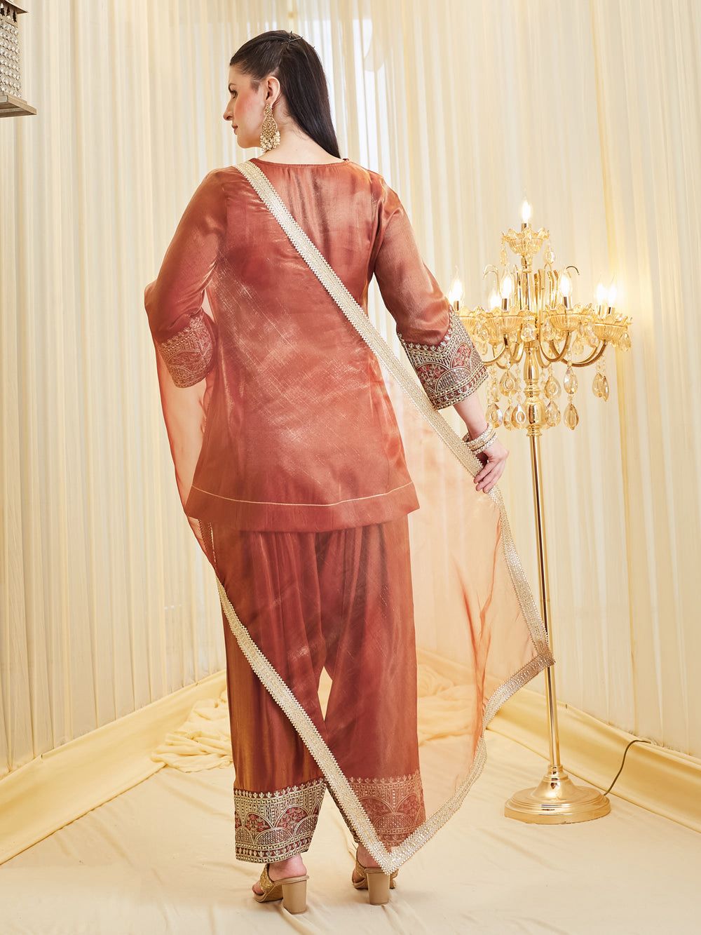 Back view of embroidered party wear farshi salwar suit set