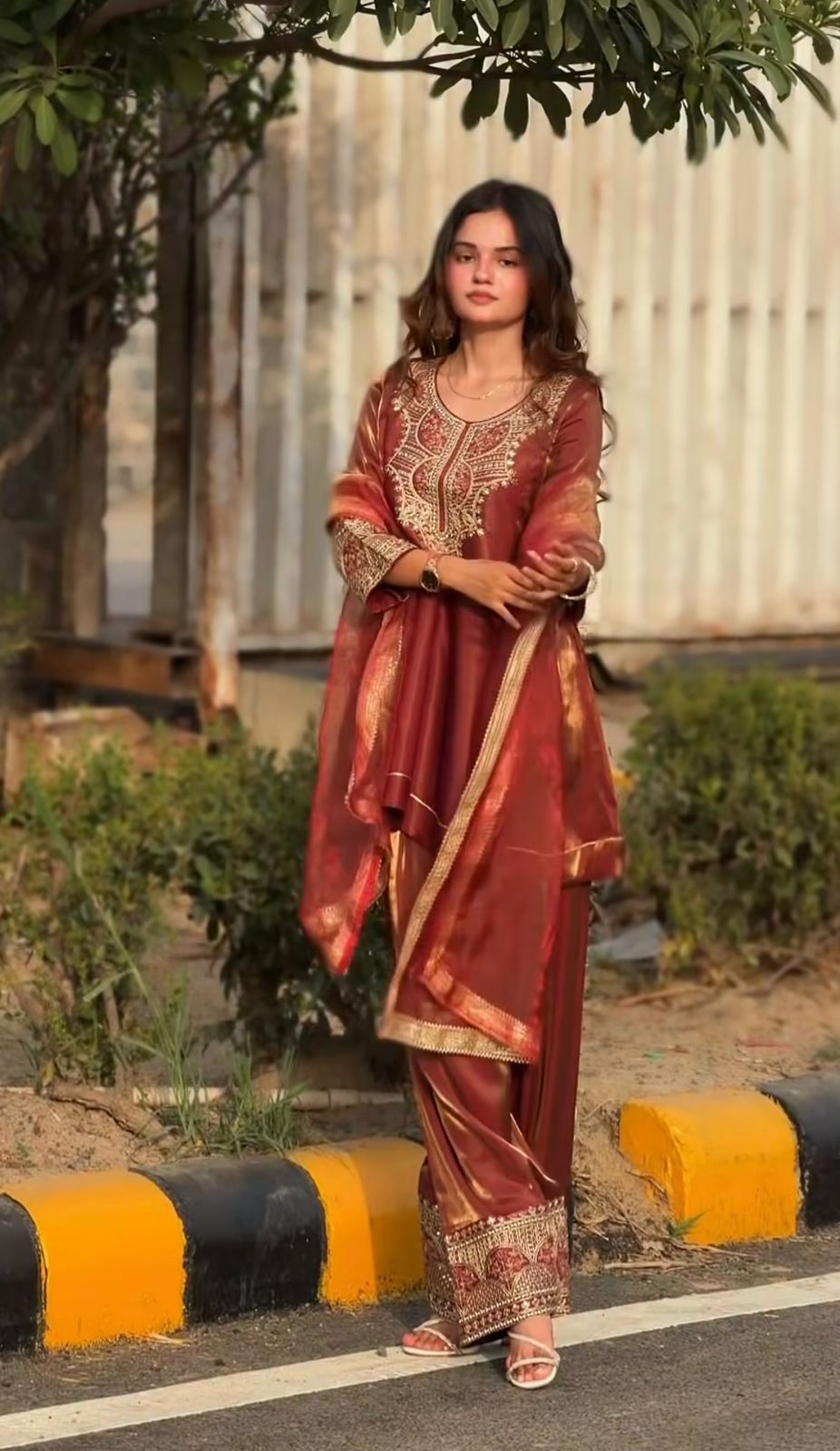 Full length view of designer farshi salwar suit with dupatta