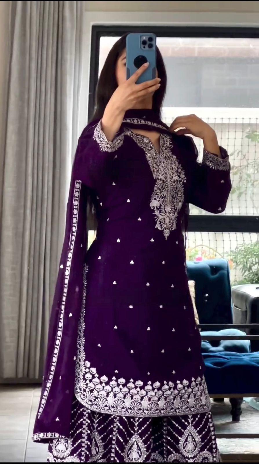 Close-up of Imperial Purple Pure Heavy Chinnon Silk embroidered suit showcasing embroidery details
