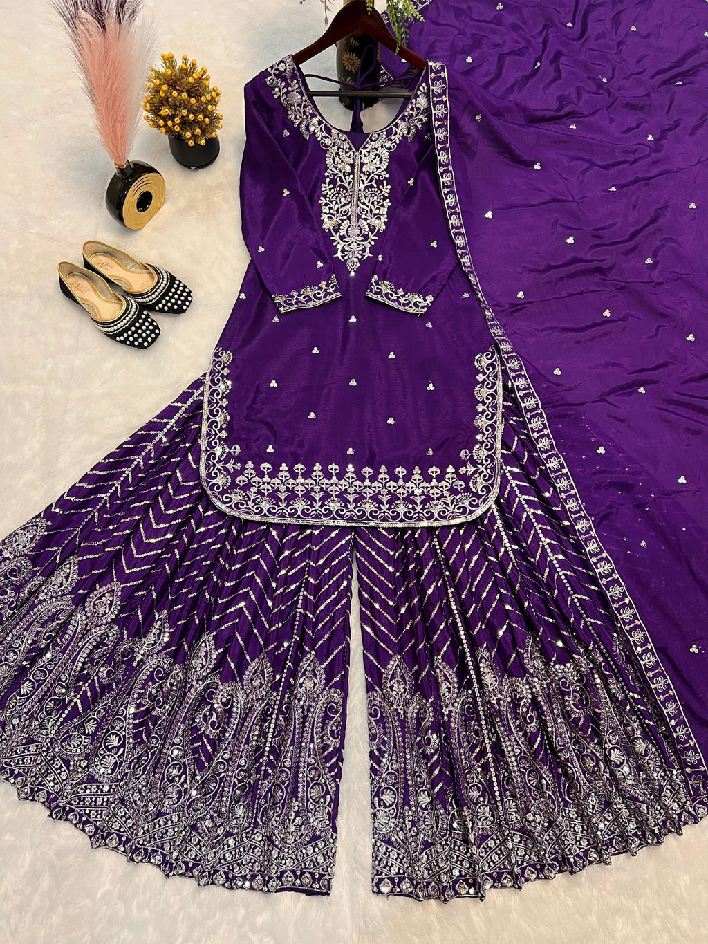 Imperial Purple Pure Heavy Chinnon Silk embroidered suit, sharara and dupatta flat lay