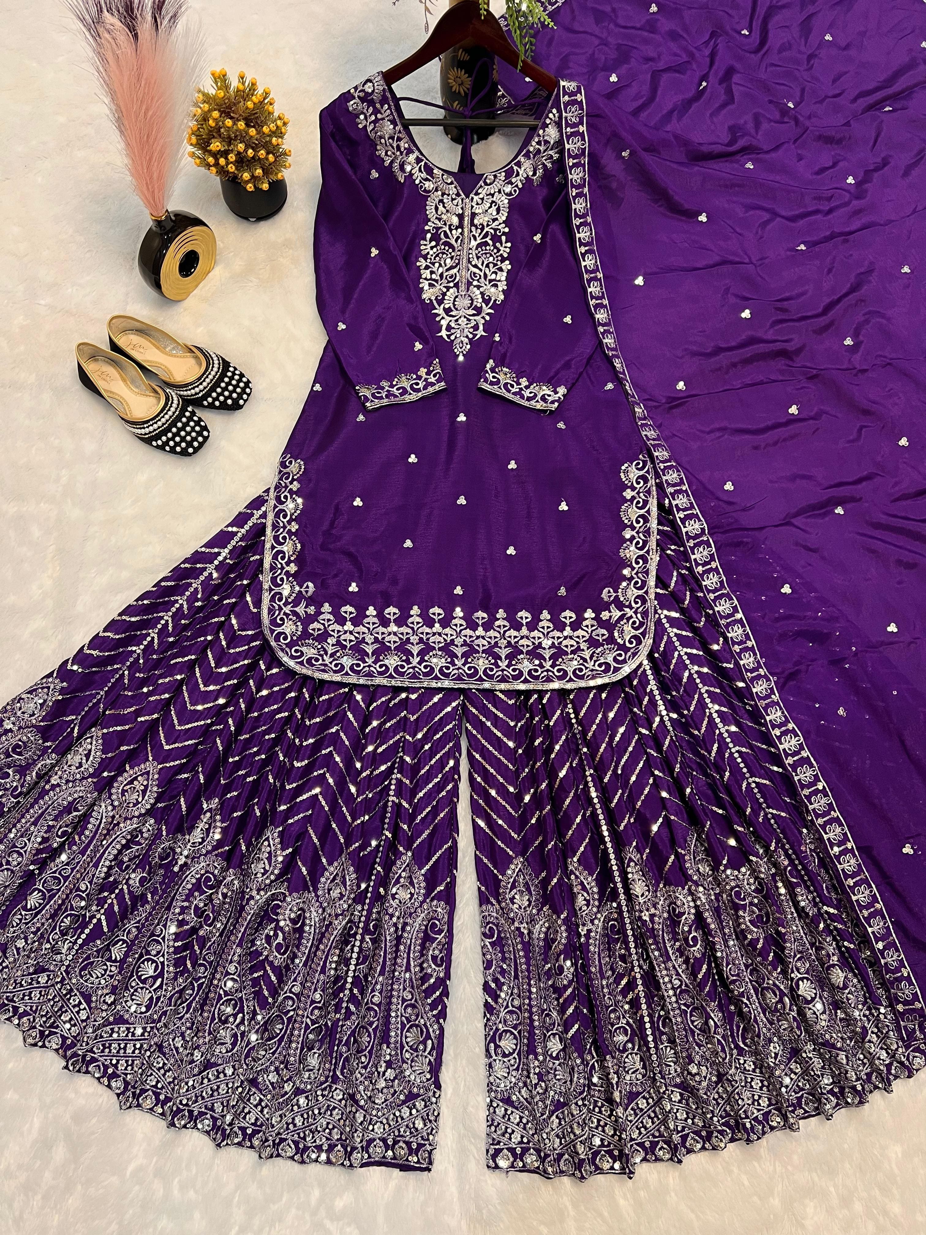 Imperial Purple Pure Heavy Chinnon Silk embroidered suit, sharara and dupatta flat lay
