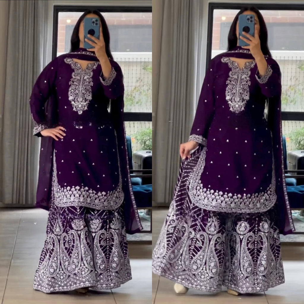 Women's Imperial Purple Pure Heavy Chinnon Silk embroidered sharara suit with dupatta front view