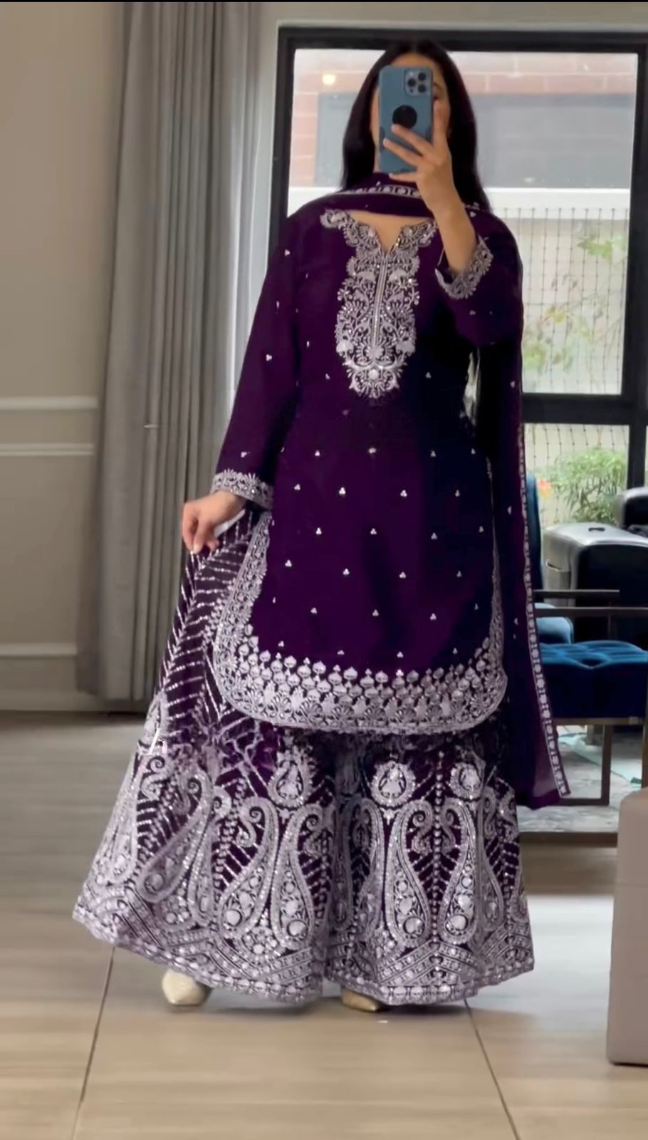 Women's Imperial Purple Pure Heavy Chinnon Silk embroidered sharara suit full-length view