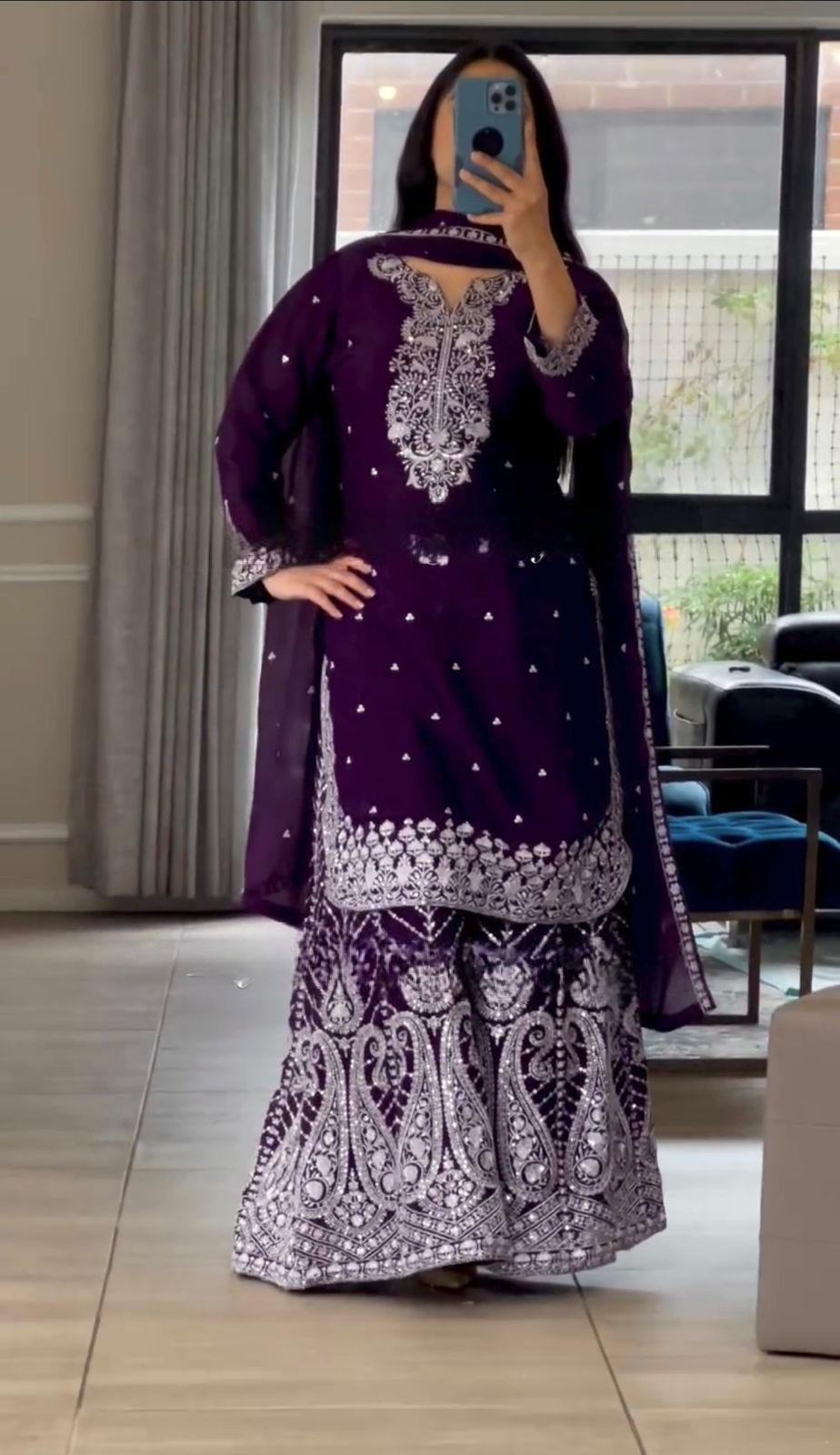 Women's Imperial Purple embroidered Chinnon Silk sharara suit front pose