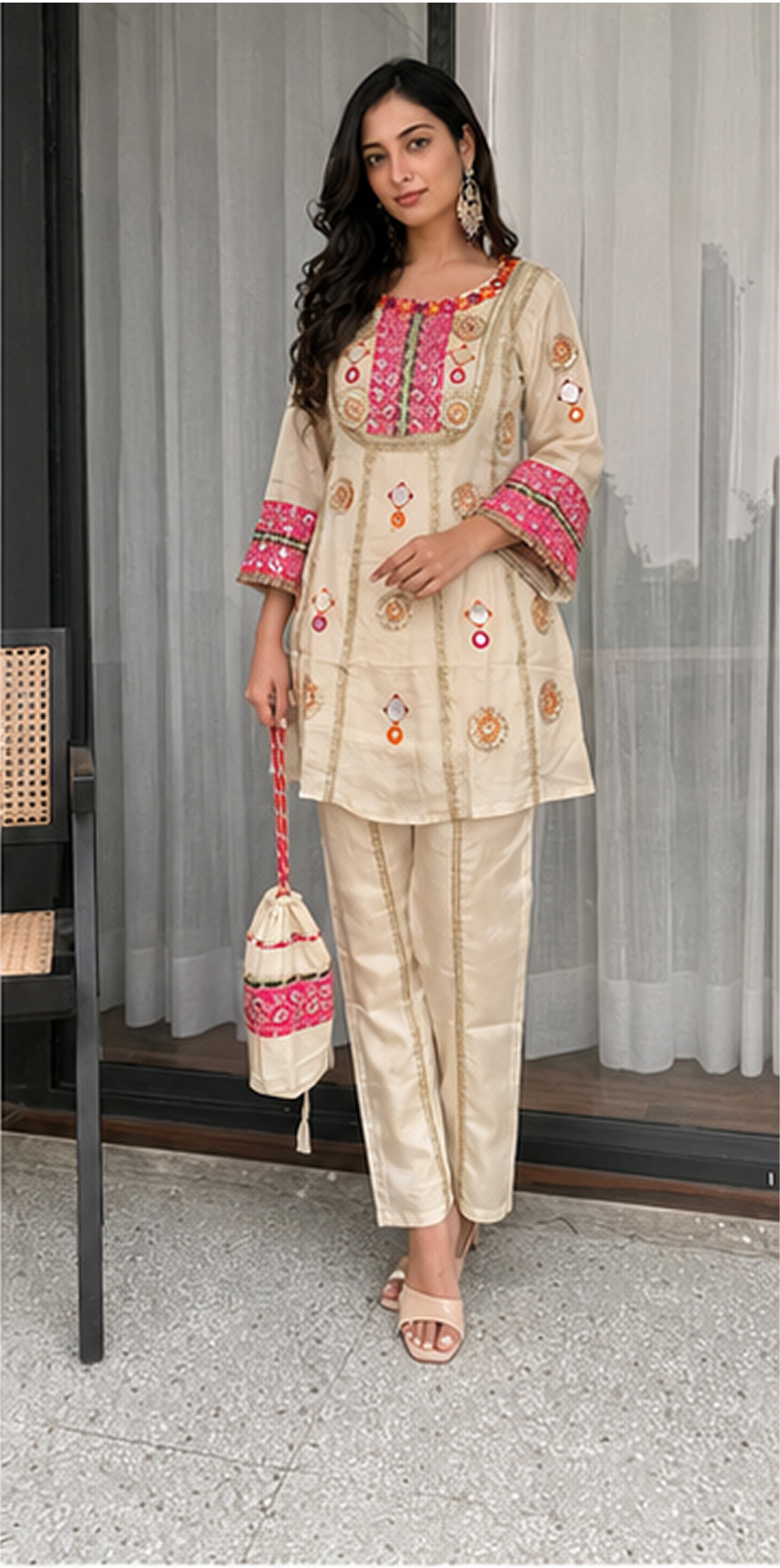 Full-length view of woman wearing Ivory Cream mirror embroidered co-ord set with palazzo