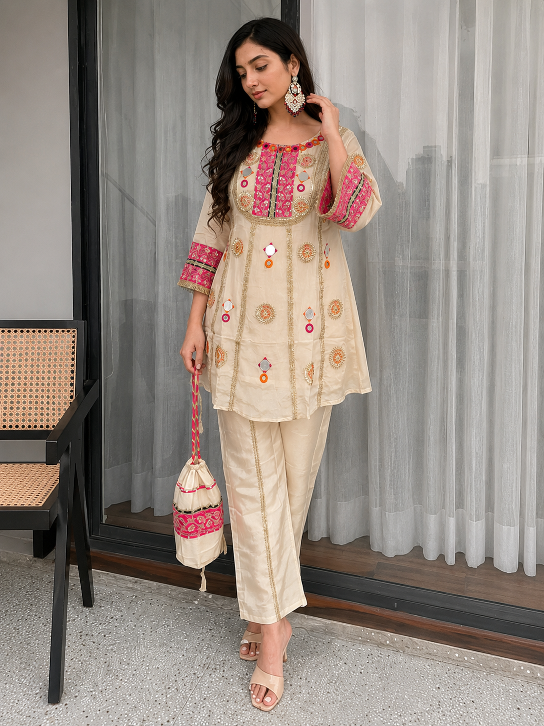 Side pose of woman wearing Ivory Cream mirror embroidered co-ord set with palazzo