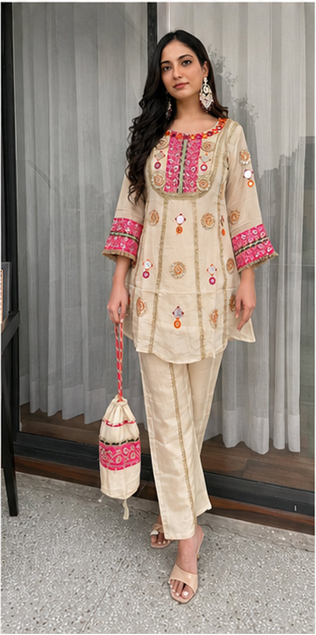 Woman walking in Ivory Cream embroidered Cos Moss co-ord set with matching palazzo