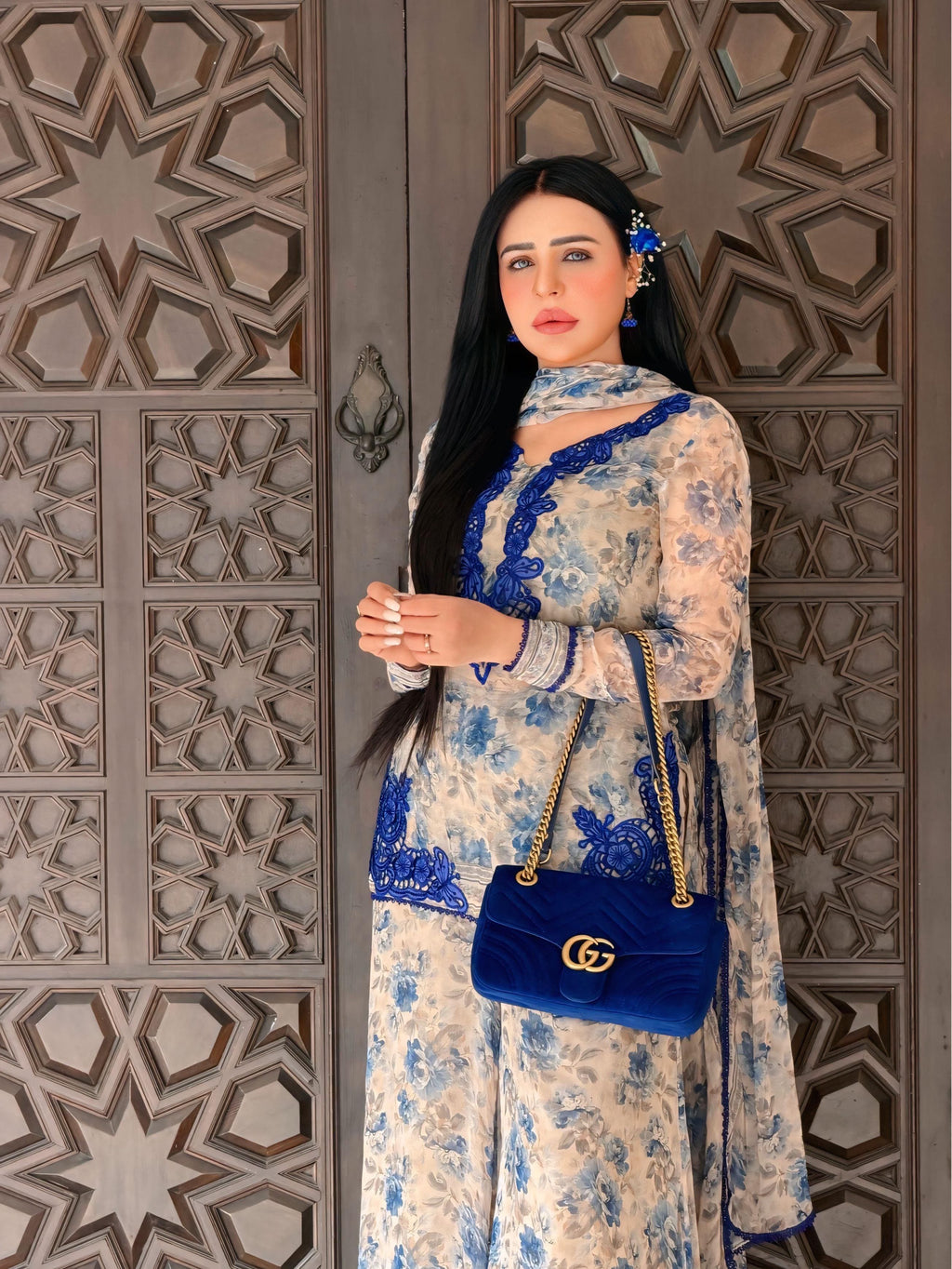 Women's Ivory Cream Heavy Faux Georgette embroidered palazzo suit elegant close-up showing royal blue embroidery