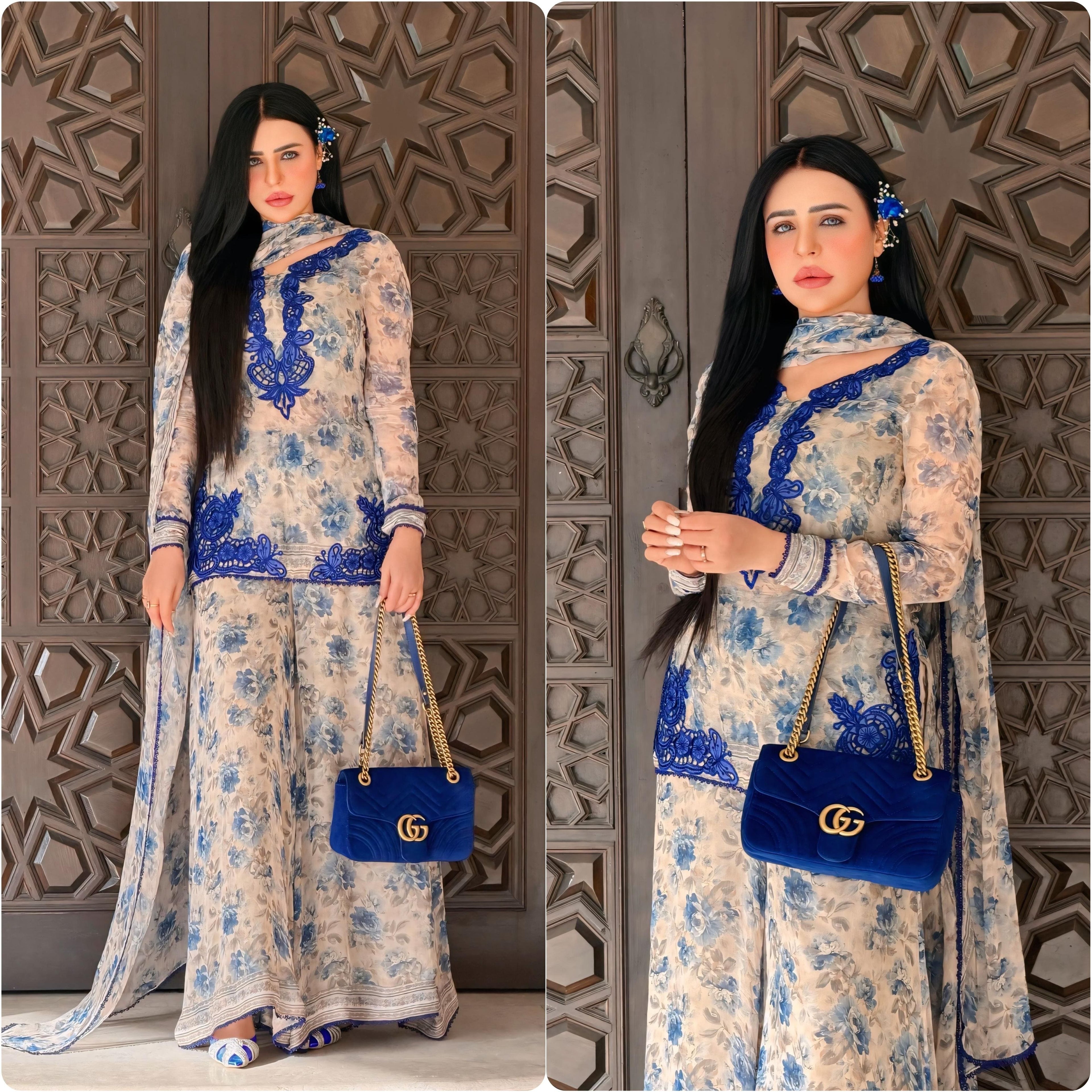 Designer Ivory Cream Heavy Faux Georgette Embroidered Palazzo Suit Set with Digital Print Dupatta