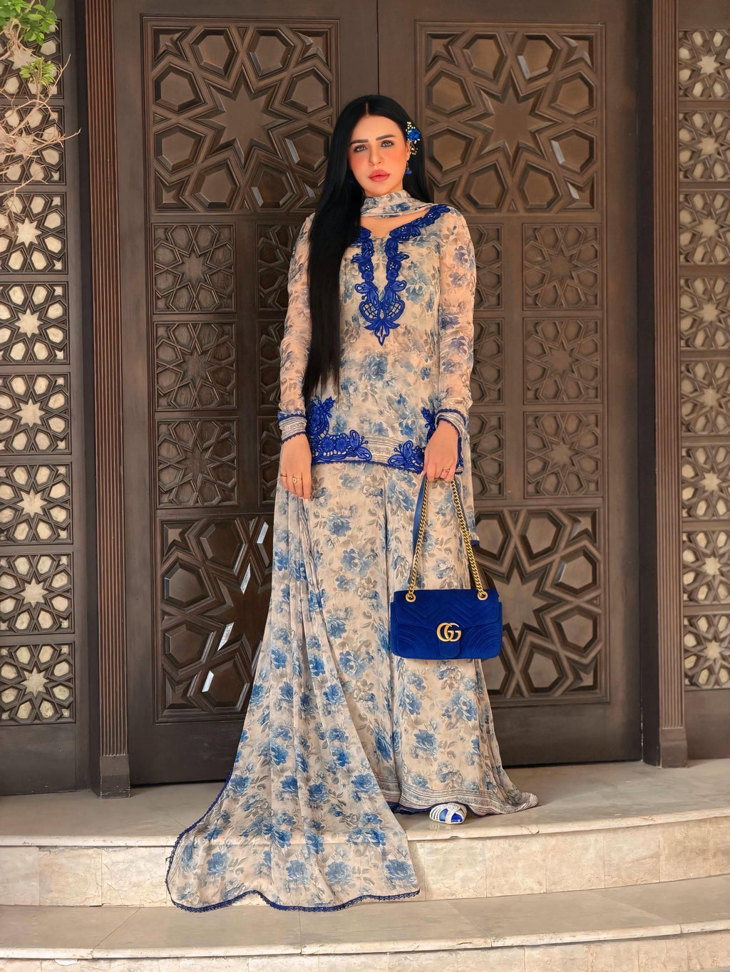 Women's Ivory Cream Heavy Faux Georgette embroidered palazzo suit with digital floral print full front view