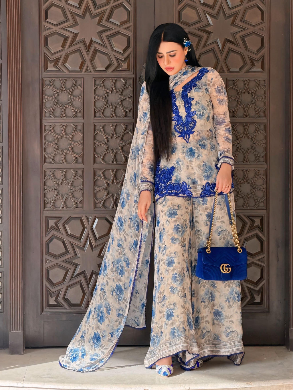 Women's Ivory Cream Heavy Faux Georgette embroidered palazzo suit side angle with matching printed dupatta