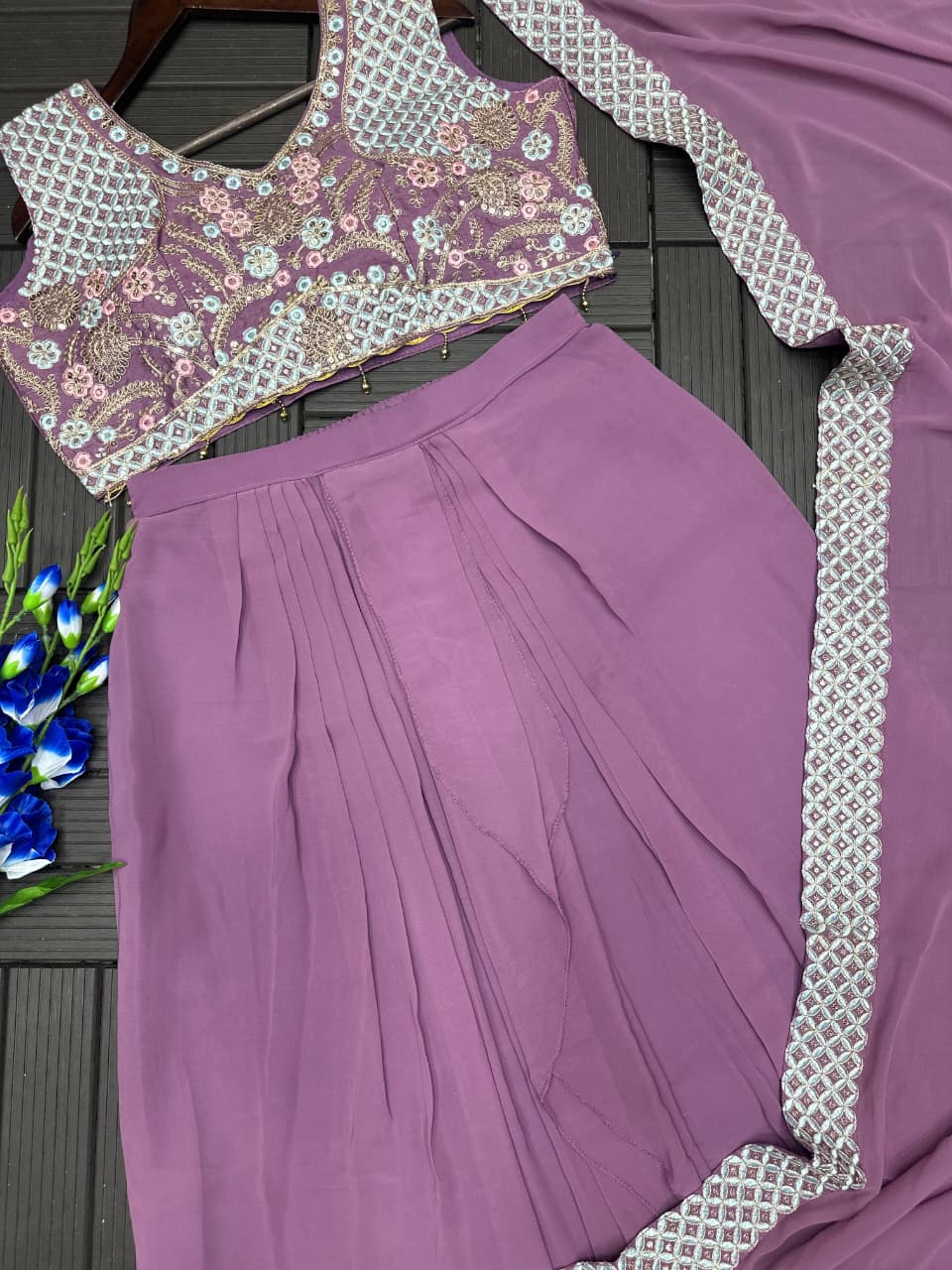 Lavender Purple sharara and embroidered blouse flat lay detail