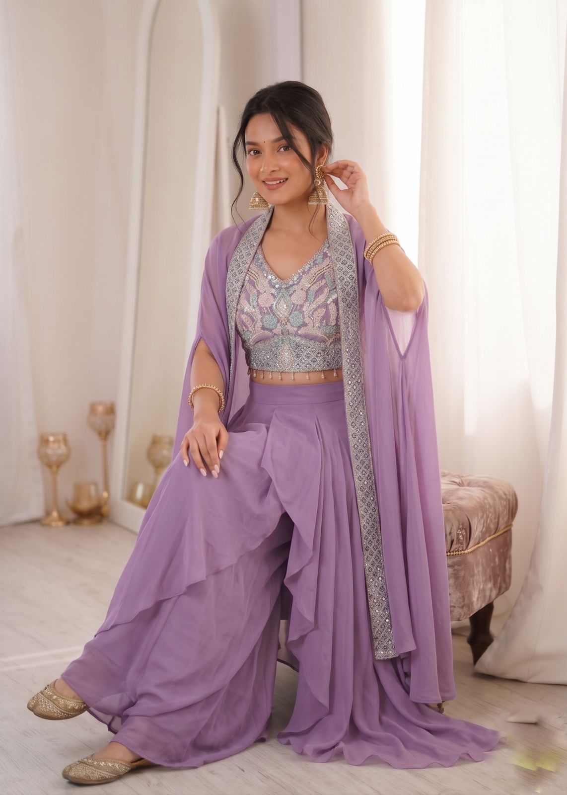 Model wearing Lavender Purple embroidered shrug with sharara set