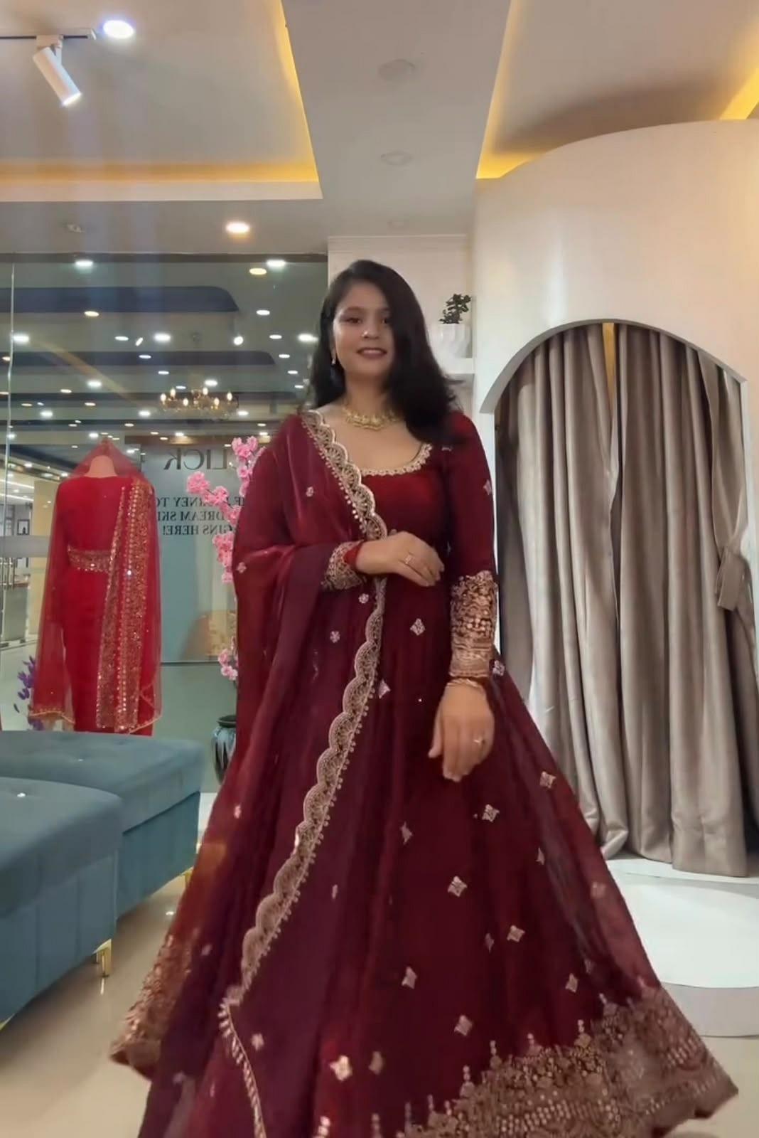 Maroon Two Tone Fandy Silk Embroidered Gown Set Front Model View