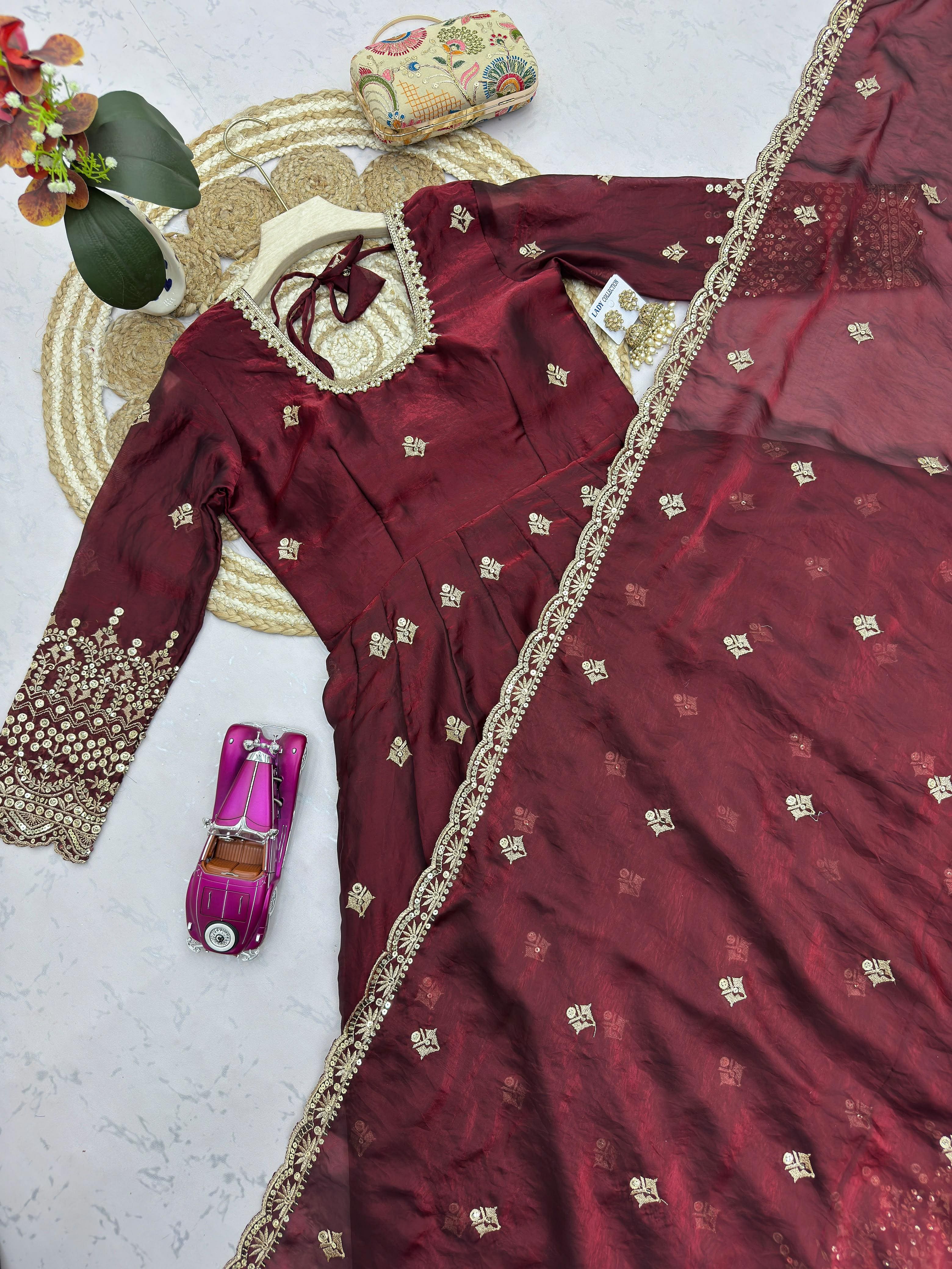 Maroon Embroidered Gown with Dupatta and Pant Flat Lay View