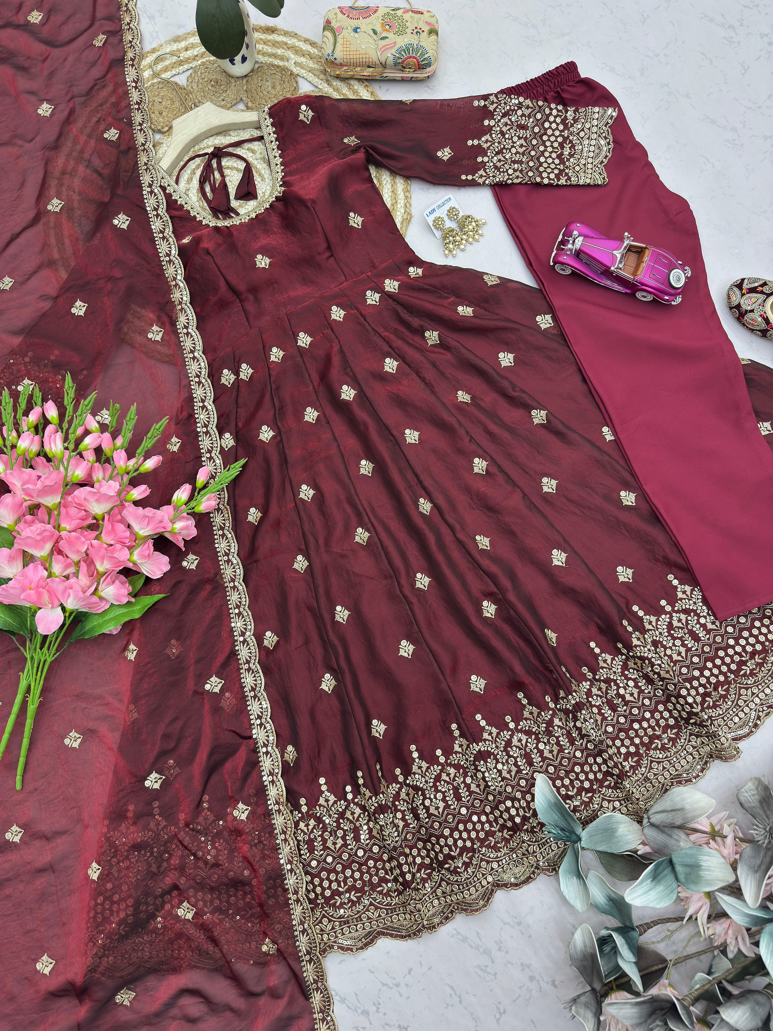 Maroon Two Tone Fandy Silk Embroidered Gown Set Flat Lay View