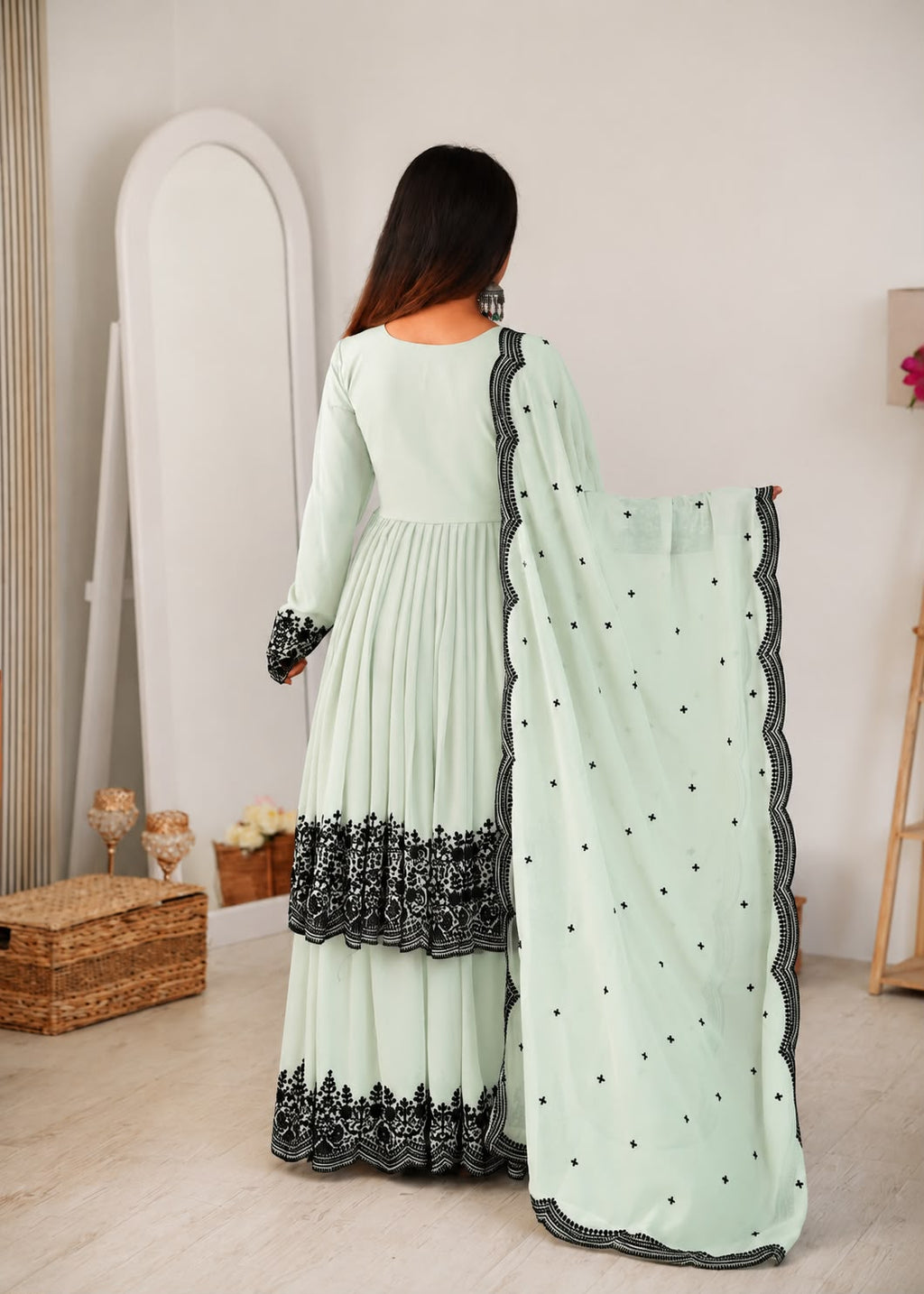 Women's Mint Green Premium Faux Georgette embroidered suit set back view