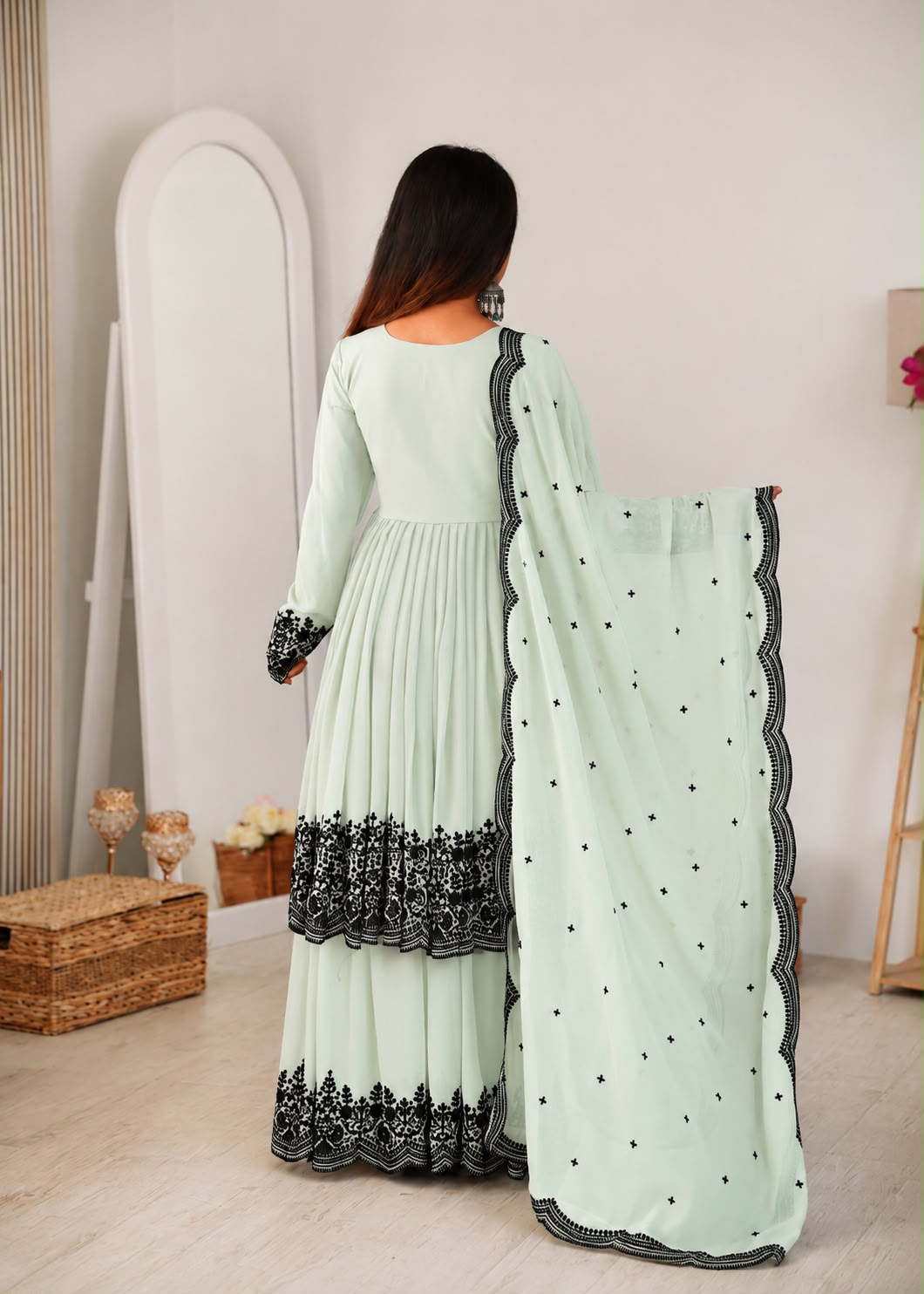 Women's Mint Green Premium Faux Georgette embroidered suit set back view