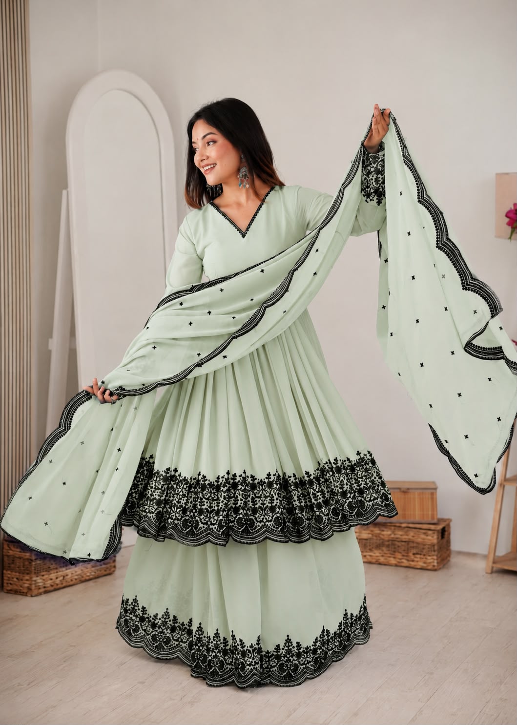 Women's Mint Green embroidered faux georgette suit showcasing embroidered dupatta