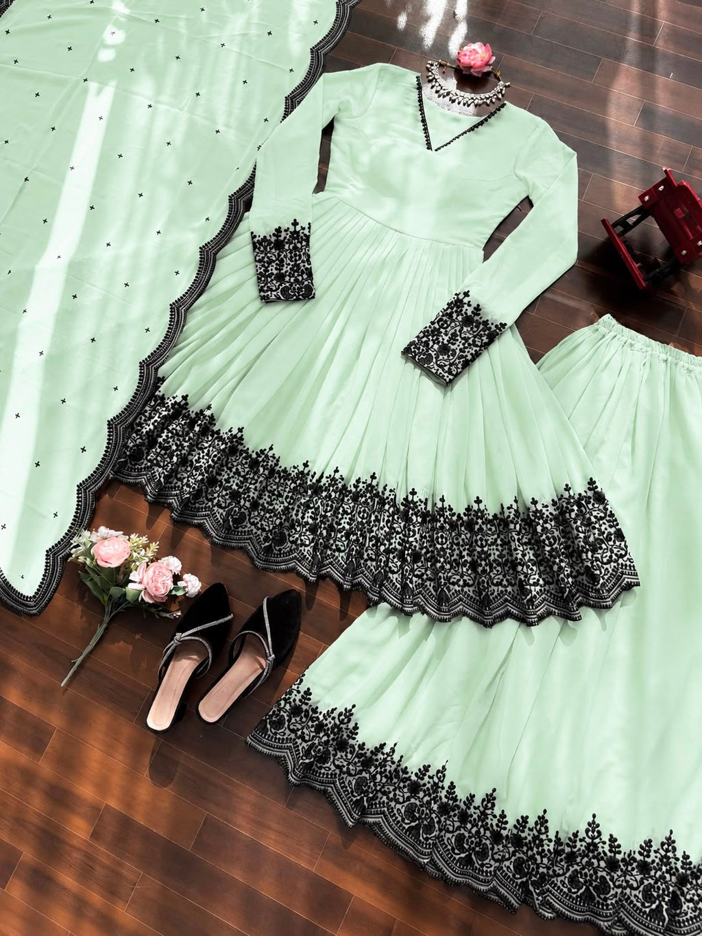 Mint Green Premium Faux Georgette embroidered suit, plazo and dupatta flat lay
