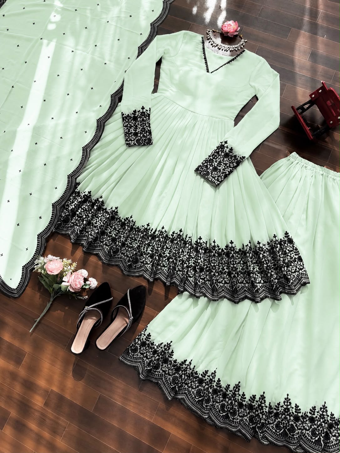 Mint Green Premium Faux Georgette embroidered suit, plazo and dupatta flat lay