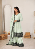 Women's Mint Green Premium Faux Georgette embroidered suit set with dupatta front view