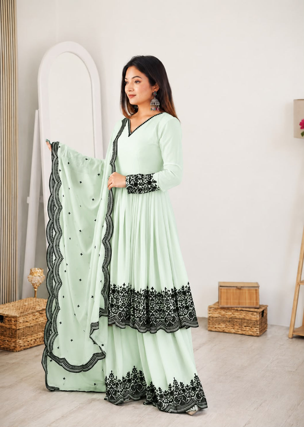 Women's Mint Green Premium Faux Georgette embroidered suit set with matching embroidered dupatta