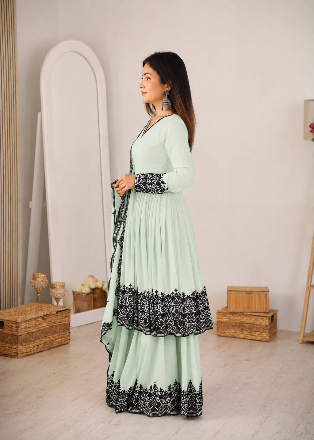 Women's Mint Green Premium Faux Georgette embroidered suit set side profile