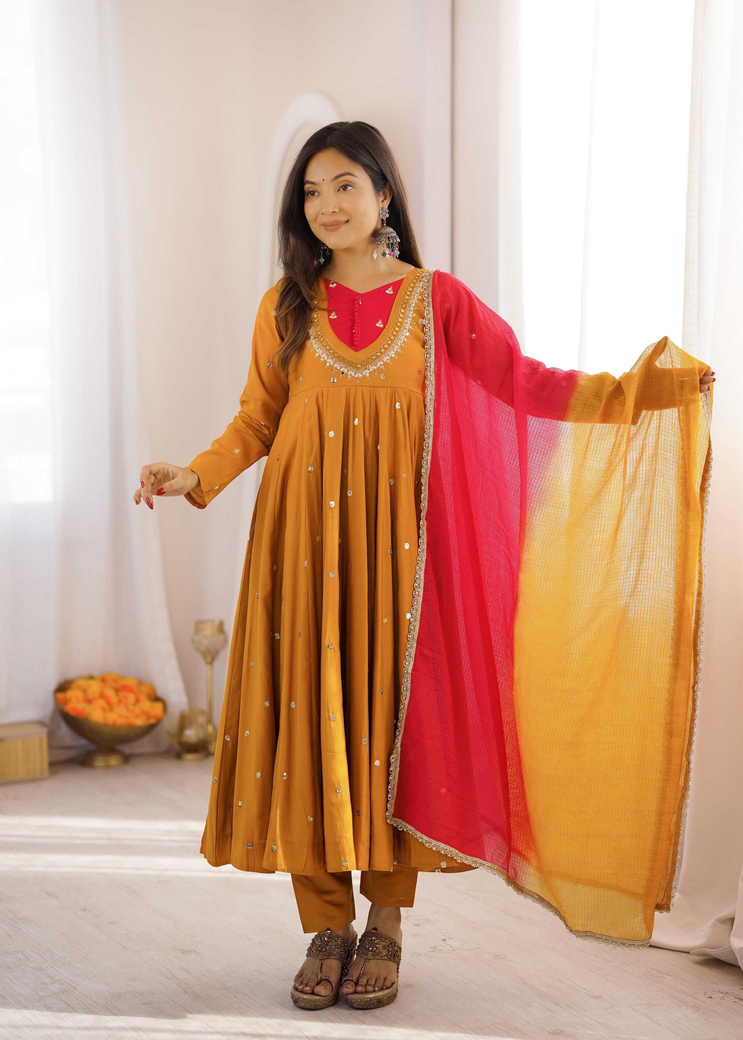Women's Mustard Gold Roman Silk embroidered sequence and real mirror work Anarkali suit set front view with Kota Checks dupatta