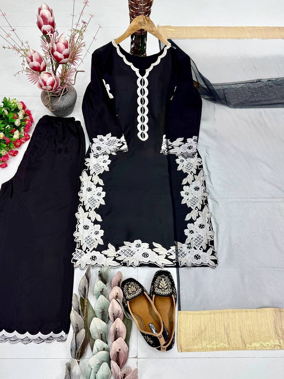 Navy Blue Pearl Hand Work Palazzo Suit Set Product Display