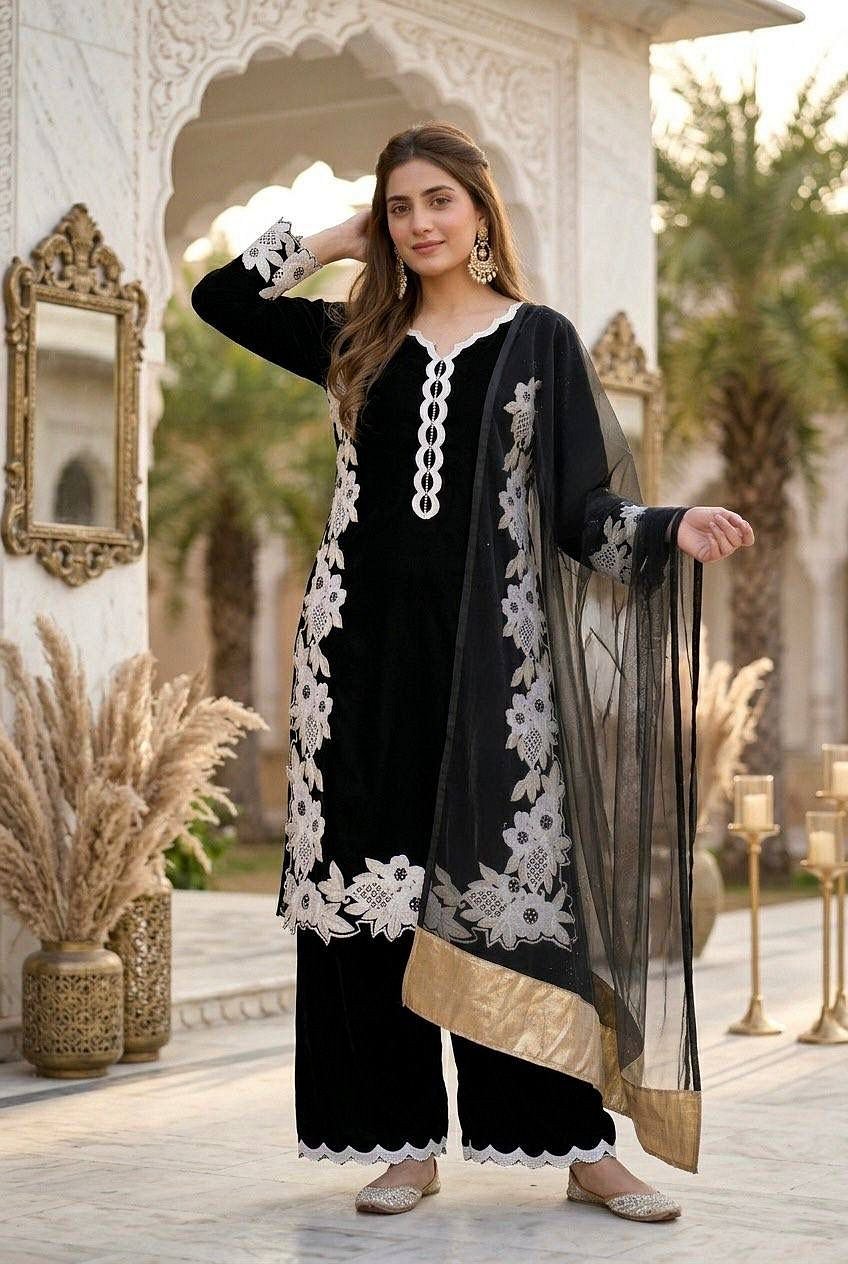 Navy Blue Designer Heavy Natural Silk Palazzo Suit Set Front View