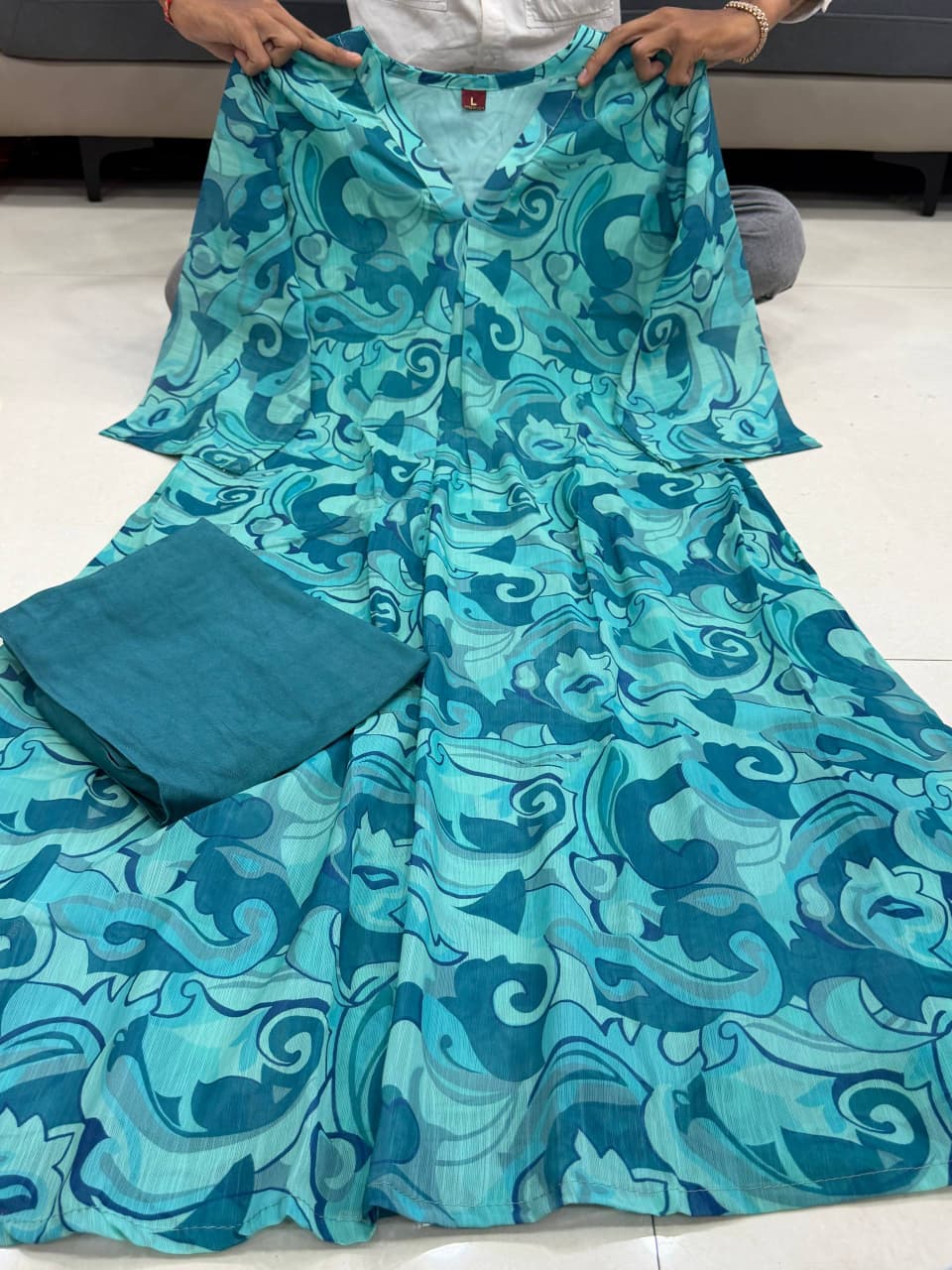 Ocean Teal Softy Premium Chiffon Silk abstract print Anarkali gown with matching pant set flat lay